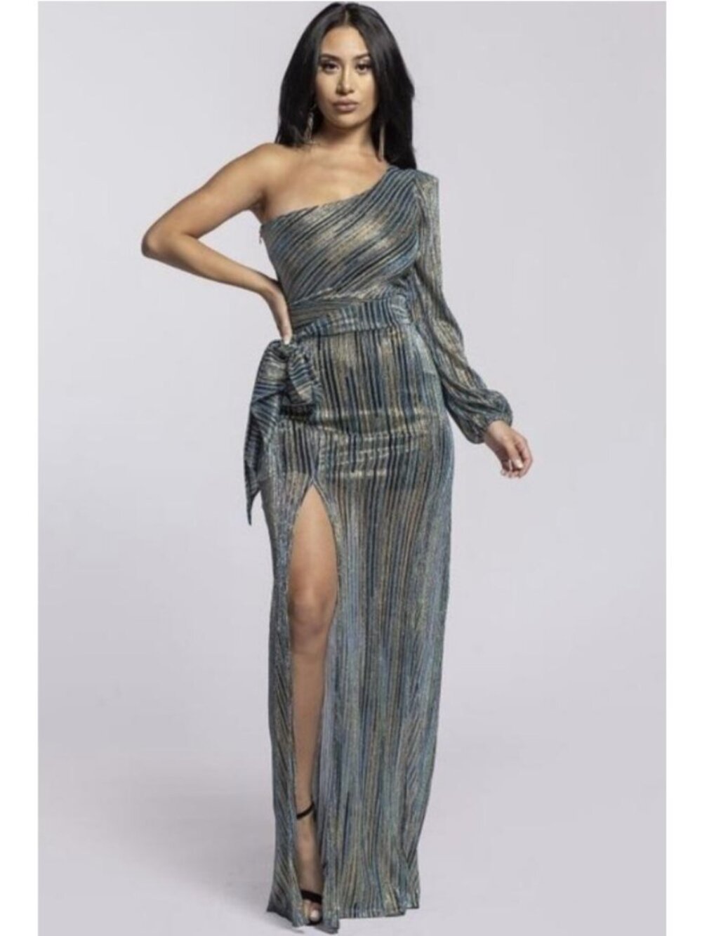 WOW Couture One Shoulder Teal Gold Sheer Formal Dress Size S